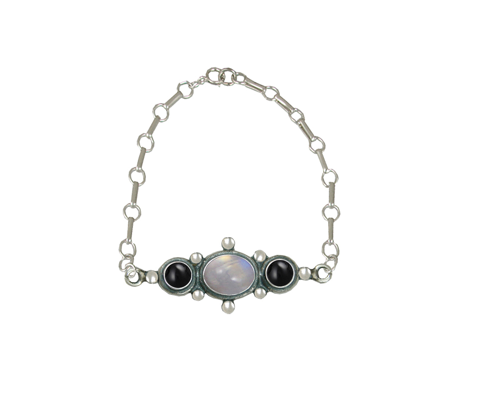 Sterling Silver Victorian Bracelet With Rainbow Moonstone And Black Onyx